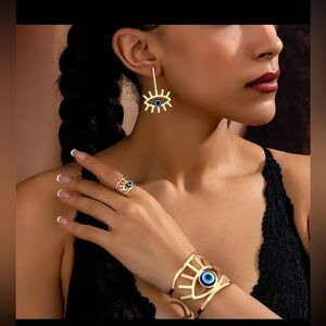3pc Greek Evil EYE 🧿 Gold Jewelry Set with Blue EYES Accents WORE OFF EVIL  🧿NEW